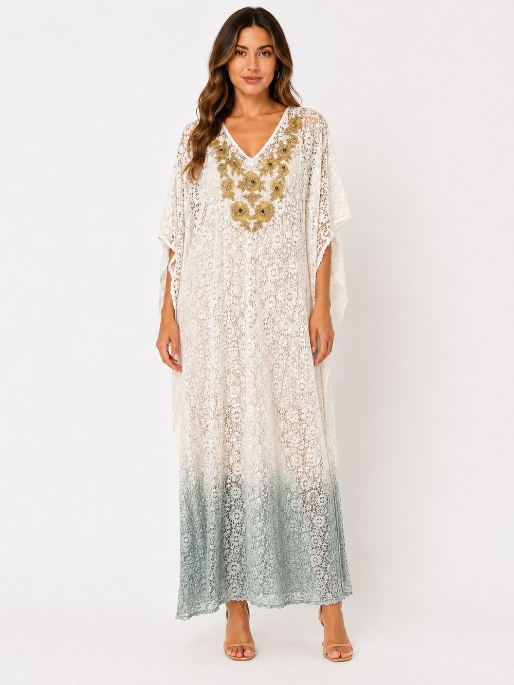 Soft Surroundings Ivory Lace Crochet Gold Beaded Ombre Maxi Kaftan Cover Up OSFM